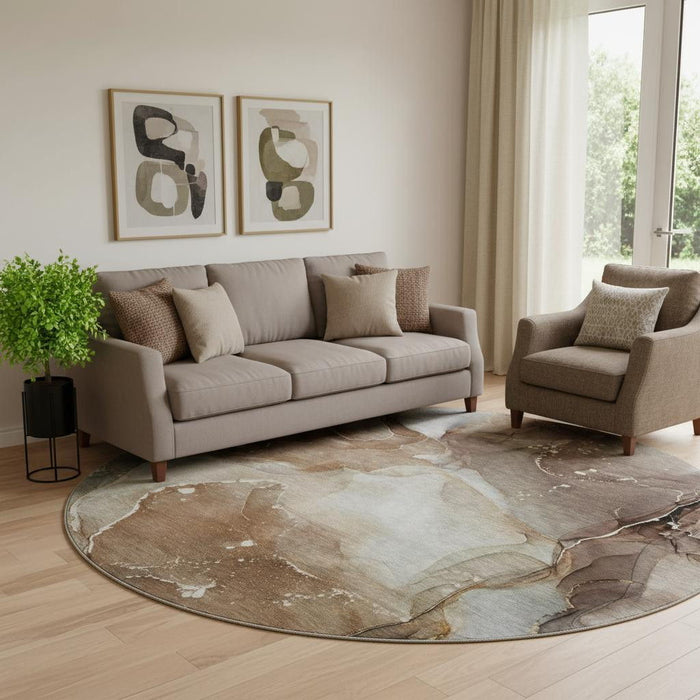 8' Abstract Washable Round Rug With UV Protection (647359) - Brown / Ivory / Gray