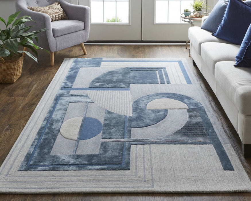 9' x 12' Wool Striped Tufted Handmade Area Rug - Blue Ivory And Gray