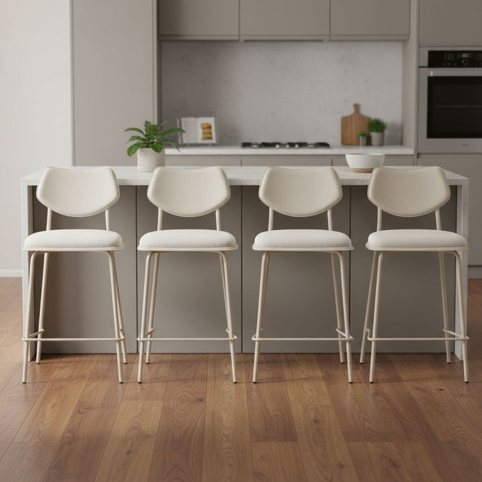 Set of four light gray fabric faux leather counter height bar stools by HomeRoots with modern design and sturdy metal legs.