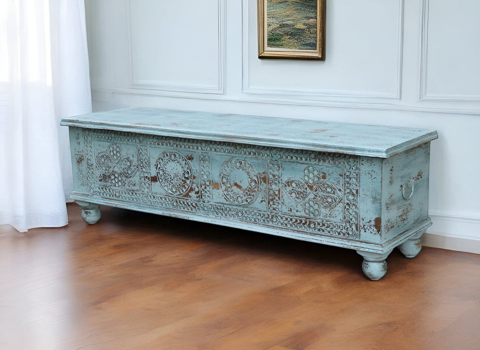 54" Carved And Distressed Solid Wood Lift Top Coffee Table - Pastel Pink