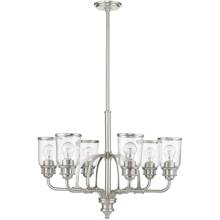 HomeRoots 27-inch six-light metal chandelier with dimmable features, clear shades, and a nickel finish.
