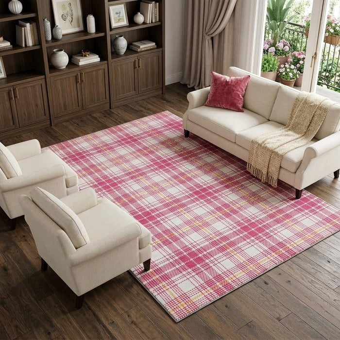 10' X 14' Plaid Washable Area Rug With UV Protection (678221) - Blush / Ivory / Orange