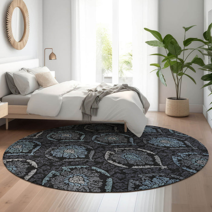 8' Medallion Washable Round Rug With UV Protection - Blue And Charcoal