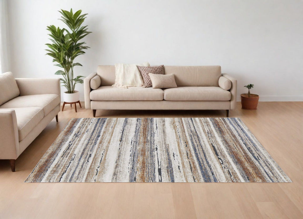 8' x 10' Striped Power Loom Area Rug - Ivory Blue And Brown