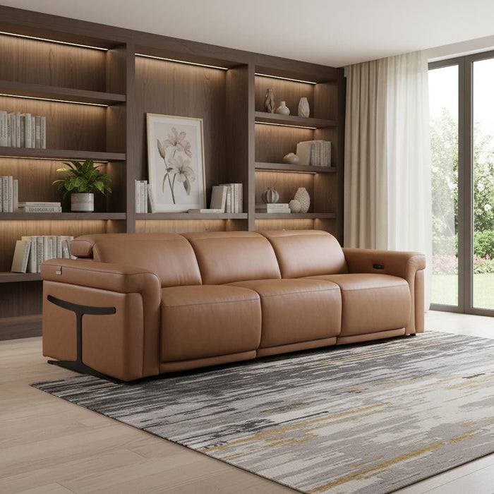 Top Grain Leather Reclining Metal USB Sofa (720429) - Chestnut