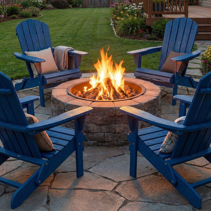 Giga navy blue folding Adirondack lounge chair with embossed grain for patio, backyard, deck, or poolside seating.
