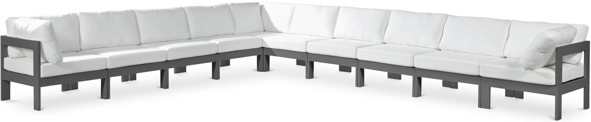Mercury Furniture Nizuc outdoor patio 10-piece modular sectional with gray frame, featuring cushioned seating and modern design.
