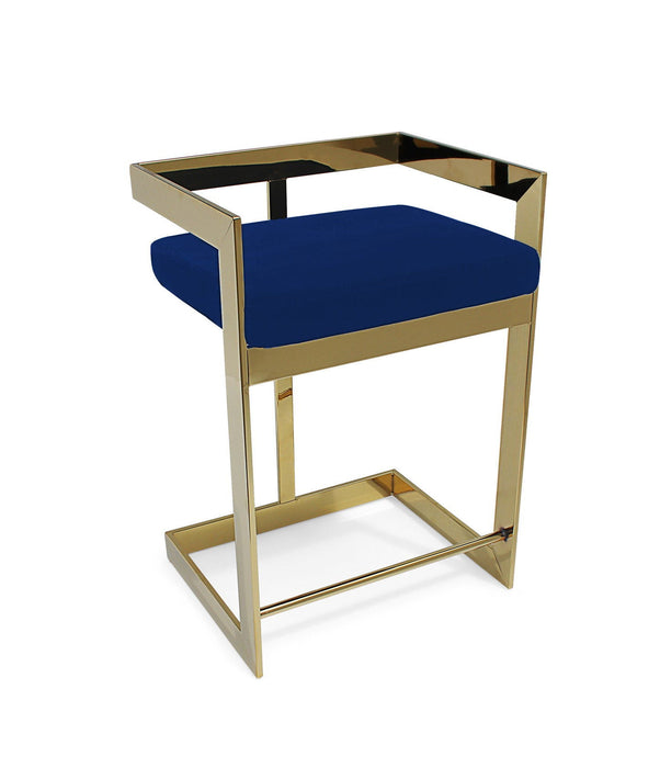 26" Metal And Velvet Low Back Counter Height Bar Chair - Blue / Gold