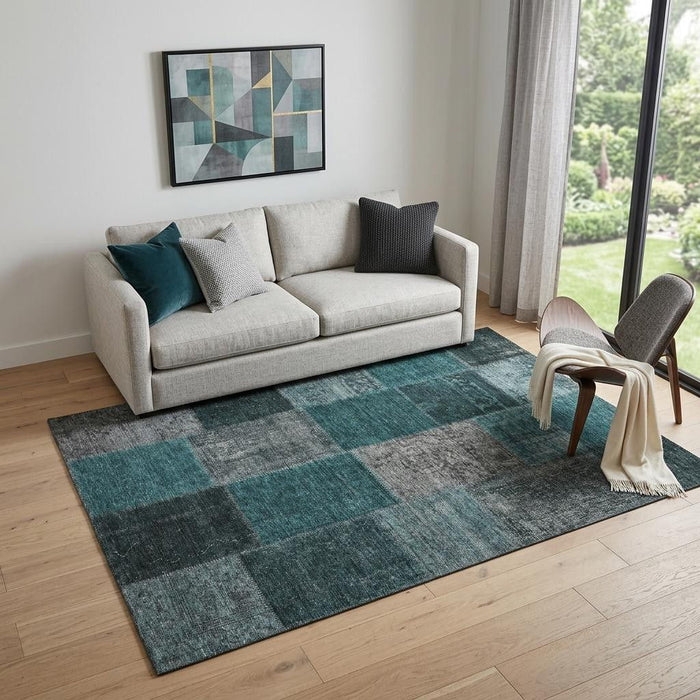 5' X 8' Patchwork Washable Area Rug With UV Protection (655206) - Teal / Gray