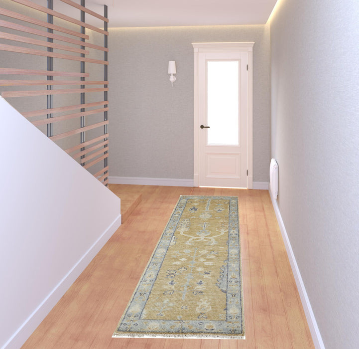 8' Wool Floral Hand Knotted Stain Resistant Runner Rug With Fringe - Gold Blue And Gray