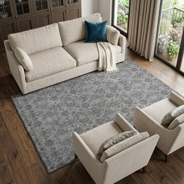 10' X 14' Floral Washable Area Rug With UV Protection (656825) - Gray / Silver