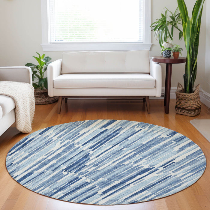 8' Abstract Polyester Washable Round Rug With UV Protection - Blue And Ivory