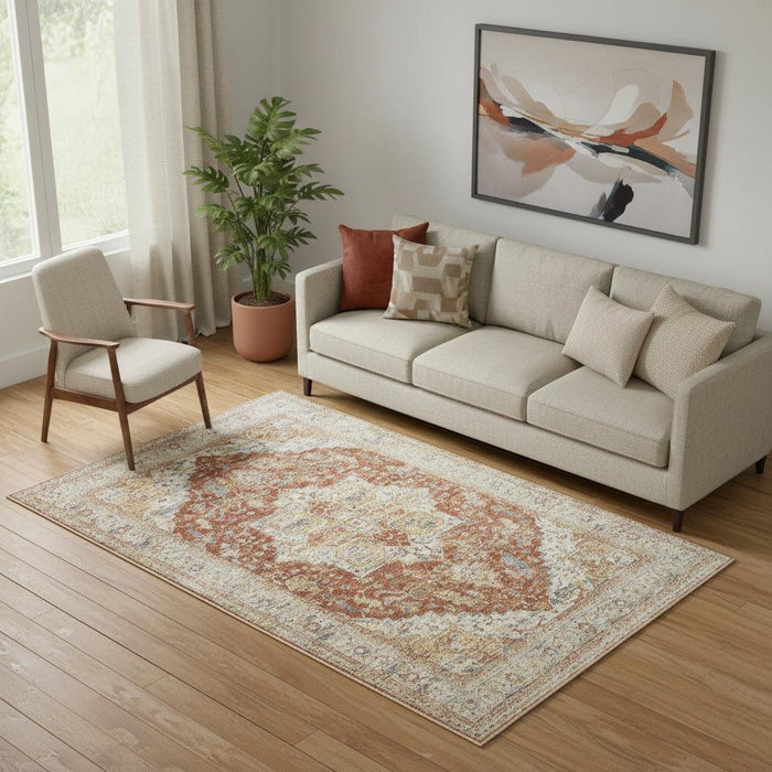 5' X 8' Floral Distressed Area Rug (550337) - Ivory / Brown