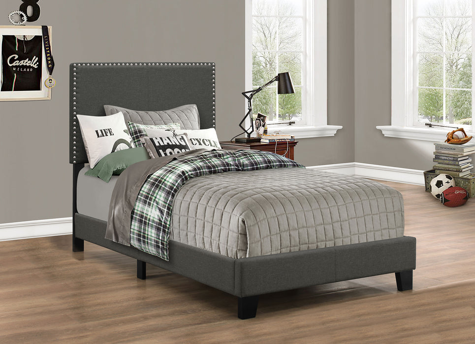CoasterEveryday Boyd upholstered twin panel bed in charcoal fabric with a padded headboard and footboard