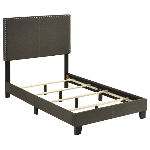 CoasterEveryday Boyd upholstered twin panel bed in charcoal fabric with a padded headboard and footboard
