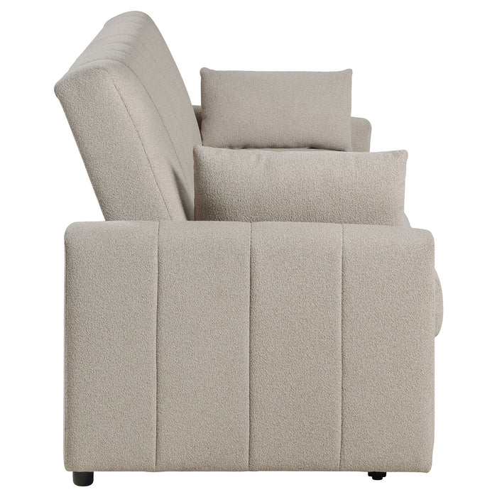 CoasterEveryday Portland boucle upholstered sleeper sofa bed in latte with plush textured fabric and fold-out design