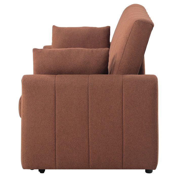 CoasterEveryday Portland copper boucle upholstered sleeper sofa bed with cushioned back and arms