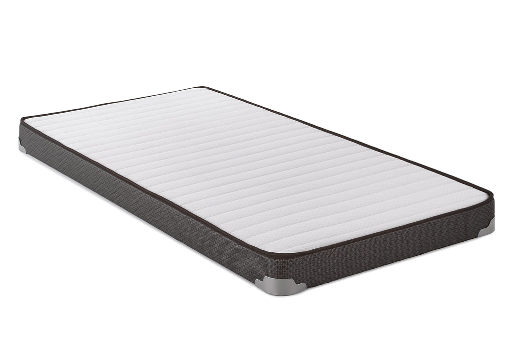 CoasterEveryday Drover 7-inch full foam mattress with built-in bunkie board on a bed frame, showcasing soft white fabric and plush surface.