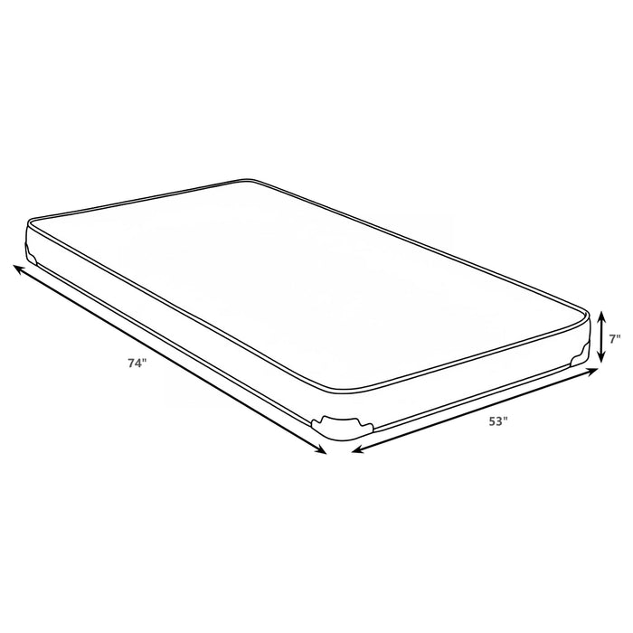 CoasterEveryday Drover 7-inch full foam mattress with built-in bunkie board, shown on a bed frame in a modern bedroom setting.