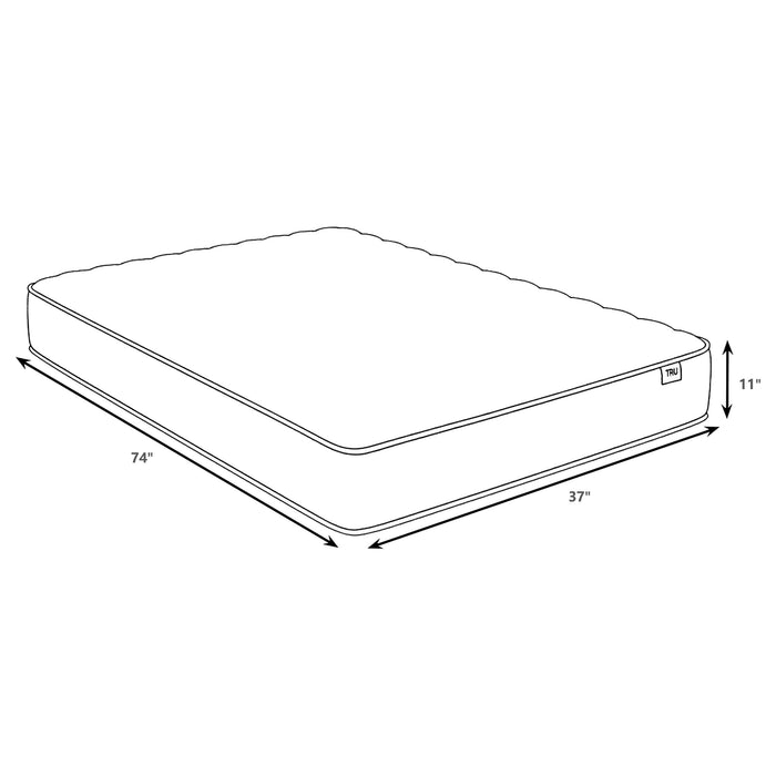 CoasterEveryday Hayes Twin Firm Tight Top Hybrid Mattress in white, showing a close-up of the clean, plush surface and mattress edges.