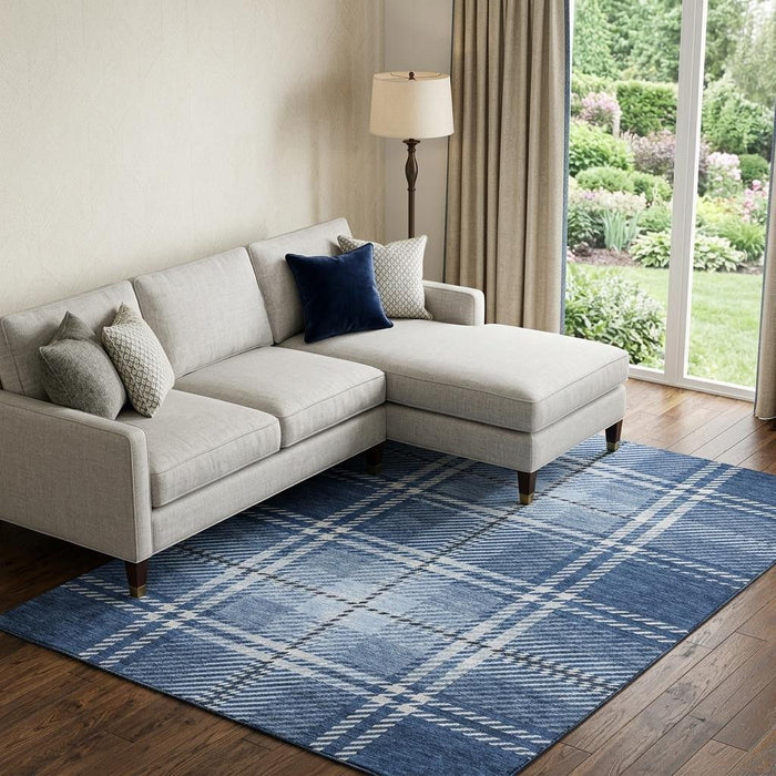 10' X 14' Plaid Washable Area Rug With UV Protection (674329) - Navy Blue / Ivory