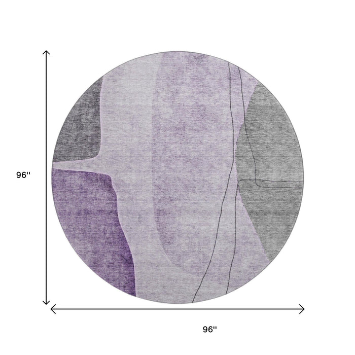 8' Abstract Washable Round Rug With UV Protection (656576) - Purple / Gray / Ivory