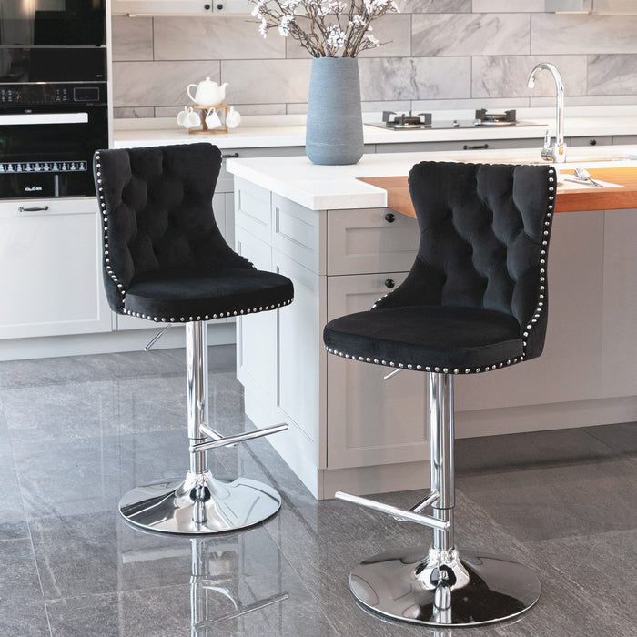 Set of 2 Giga modern upholstered swivel barstools with adjustable height, tufted backs, ideal for kitchen islands and home pubs.