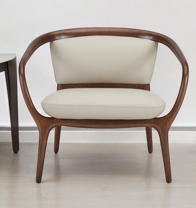 Faux Leather And Walnut Solid Color Lounge Chair - Beige