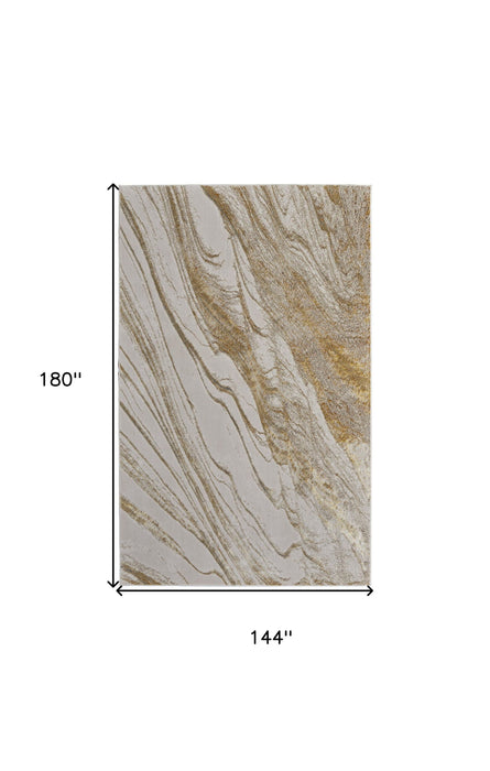 12' x 15' Abstract Power Loom Area Rug - Ivory Brown And Gold