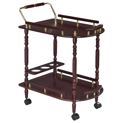 Palmer 2-tier rectangular wood bar cart in merlot finish with metal frame, ideal for serving drinks and stylish home bar storage.