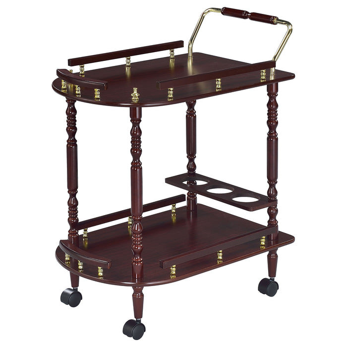 CoasterEveryday Palmer 2-tier rectangular wood bar cart in merlot with open shelves and metal frame for stylish storage.