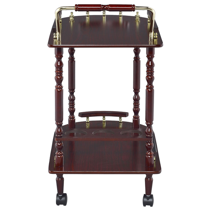Palmer 2-tier rectangular wood bar cart in merlot finish, CoasterEveryday furniture with metal frame and storage shelves