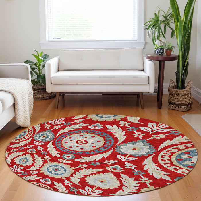 8' Floral Washable Round Rug With UV Protection - Red