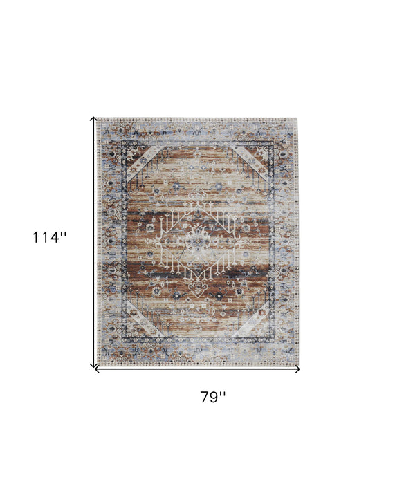 7' x 10' Abstract Power Loom Worn Faded Area Rug - Ivory Red And Blue