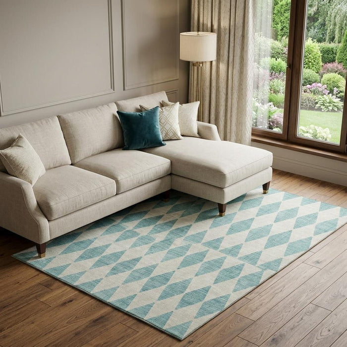 10' X 14' Diamond Washable Area Rug With UV Protection (650128) - Teal / Ivory