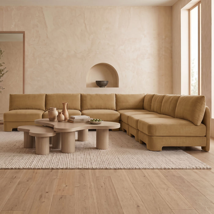 Meridian Furniture Hammond velvet performance fabric 7-piece armless sectional sofa, stationary upholstery with plush cushions.