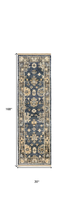 14' Wool Floral Hand Knotted Runner Rug With Fringe - Blue And Gray