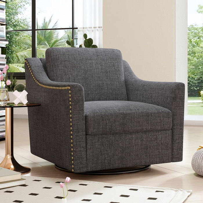 Giga 360-degree swivel armchair with skin-friendly fabric, ergonomic design, brass nail accents, and a modern, comfortable look.