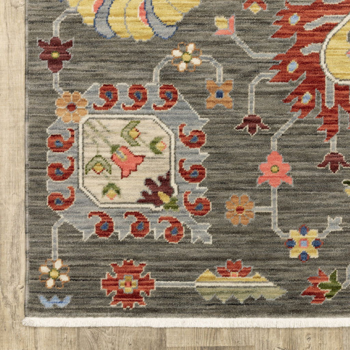 6' x 9' Oriental Power Loom Stain Resistant Area Rug With Fringe - Gray Charcoal Yellow Blue Rust Red Pink Green And Ivory