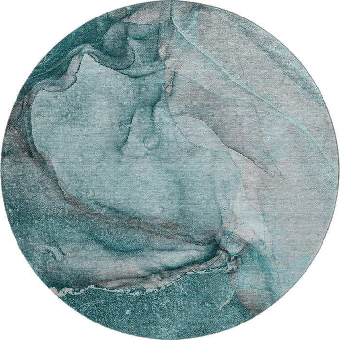 8' Abstract Washable Round Rug With UV Protection (647431) - Teal / Gray / Ivory