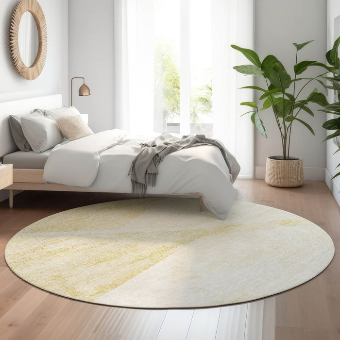 8' Geometric Washable Round Rug Polyester With UV Protection - Gold And Ivory