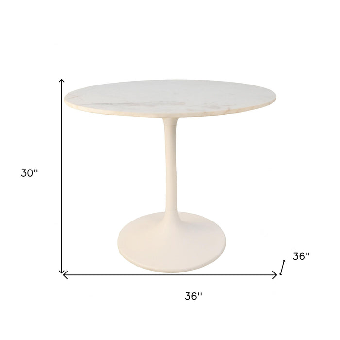 36" Rounded Marble And Iron Pedestal Base Dining Table - White