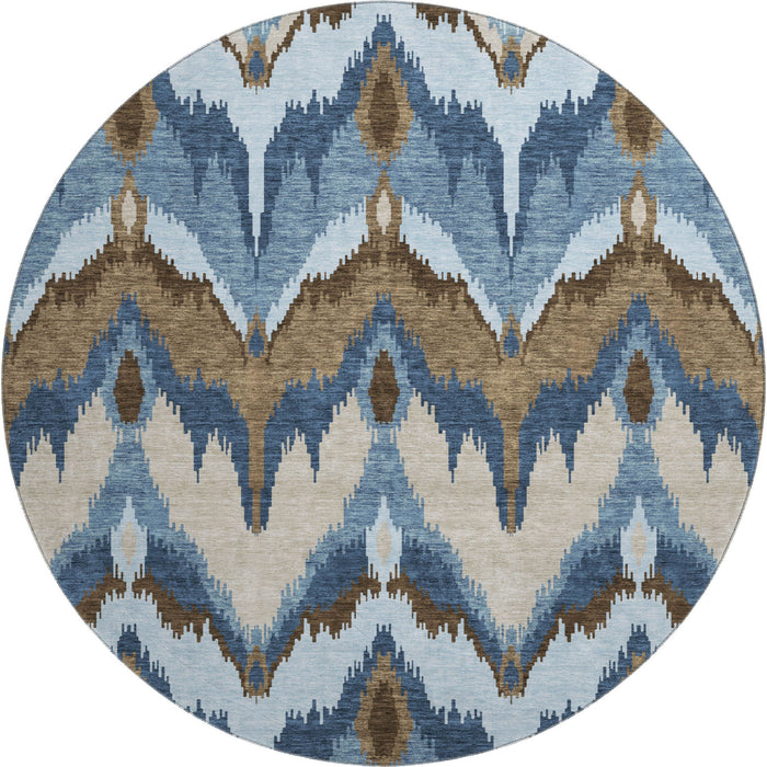 8' Ikat Washable Round Rug With UV Protection - Blue