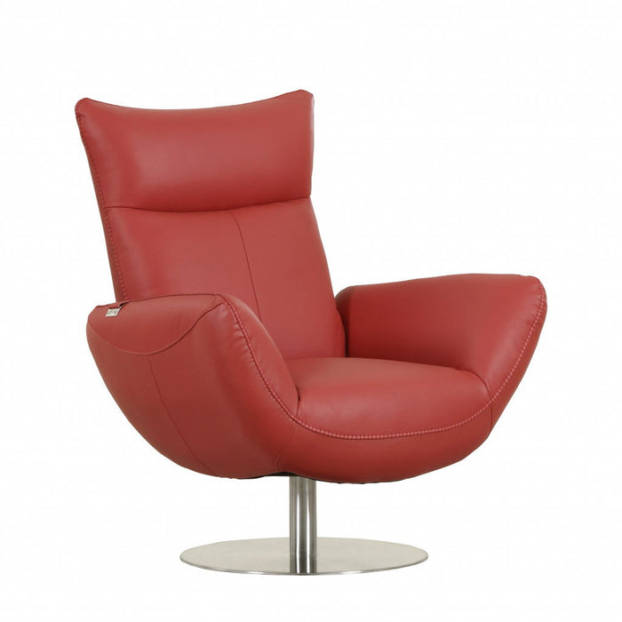 Genuine Leather Swivel Lounge Chair - Red And Silver
