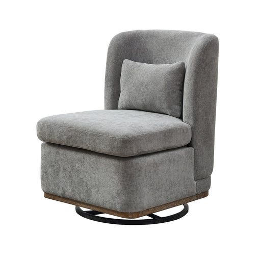 Giga wide modern armless swivel chair with cushioned seat, metal base, 360° rotation, and attached pillow.