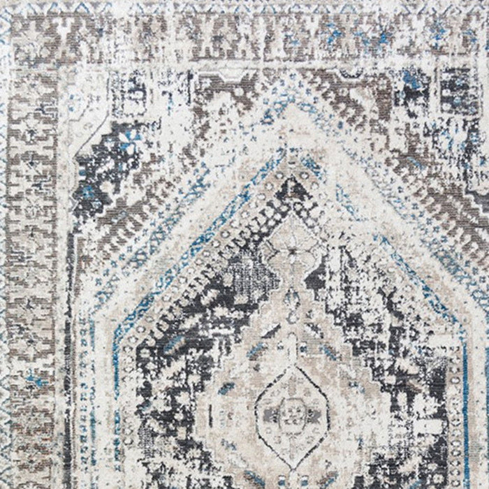 9' x 13' Geometric Distressed Area Rug With Fringe - Gray Beige And Blue