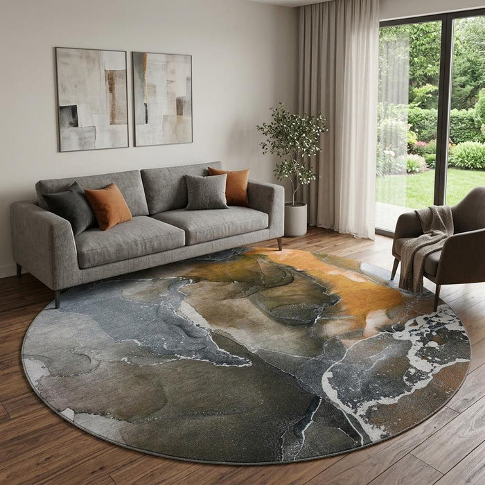 8' Abstract Washable Round Rug With UV Protection (646689) - Orange / Charcoal