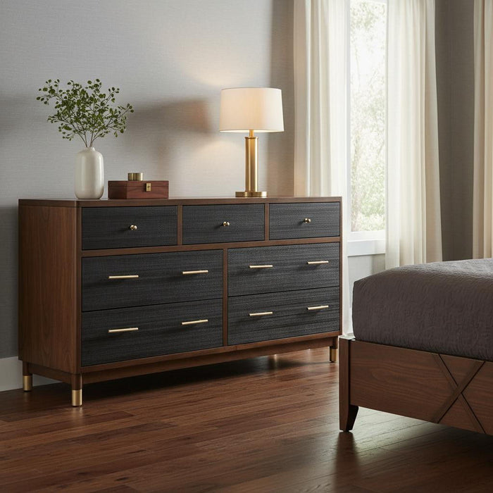 Solid Wood Seven Drawer Double Dresser - Brown / Black