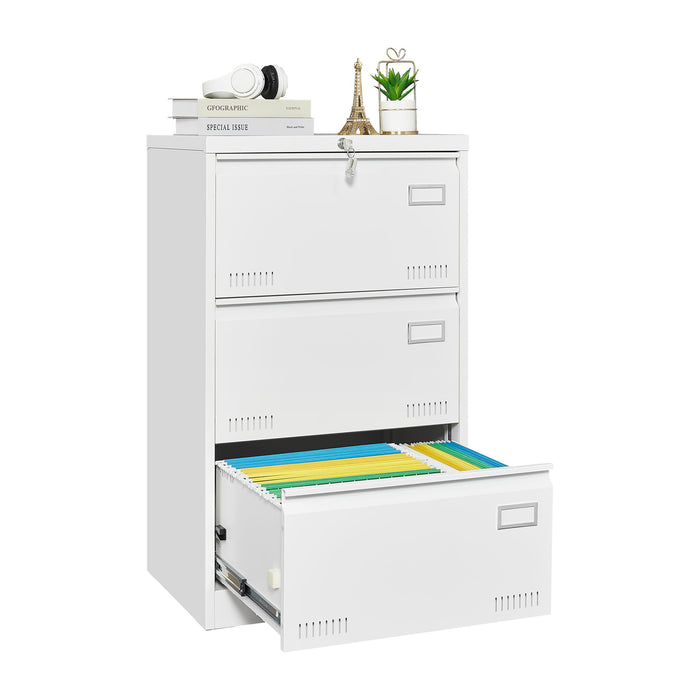 Giga three-drawer metal lateral filing cabinet with locking drawers, ideal for home or office organization.