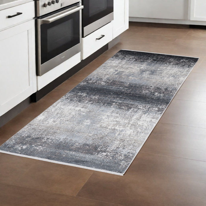 3' x 10' Abstract Power Loom Distressed Runner Rug With Fringe - Gray Black And Silver